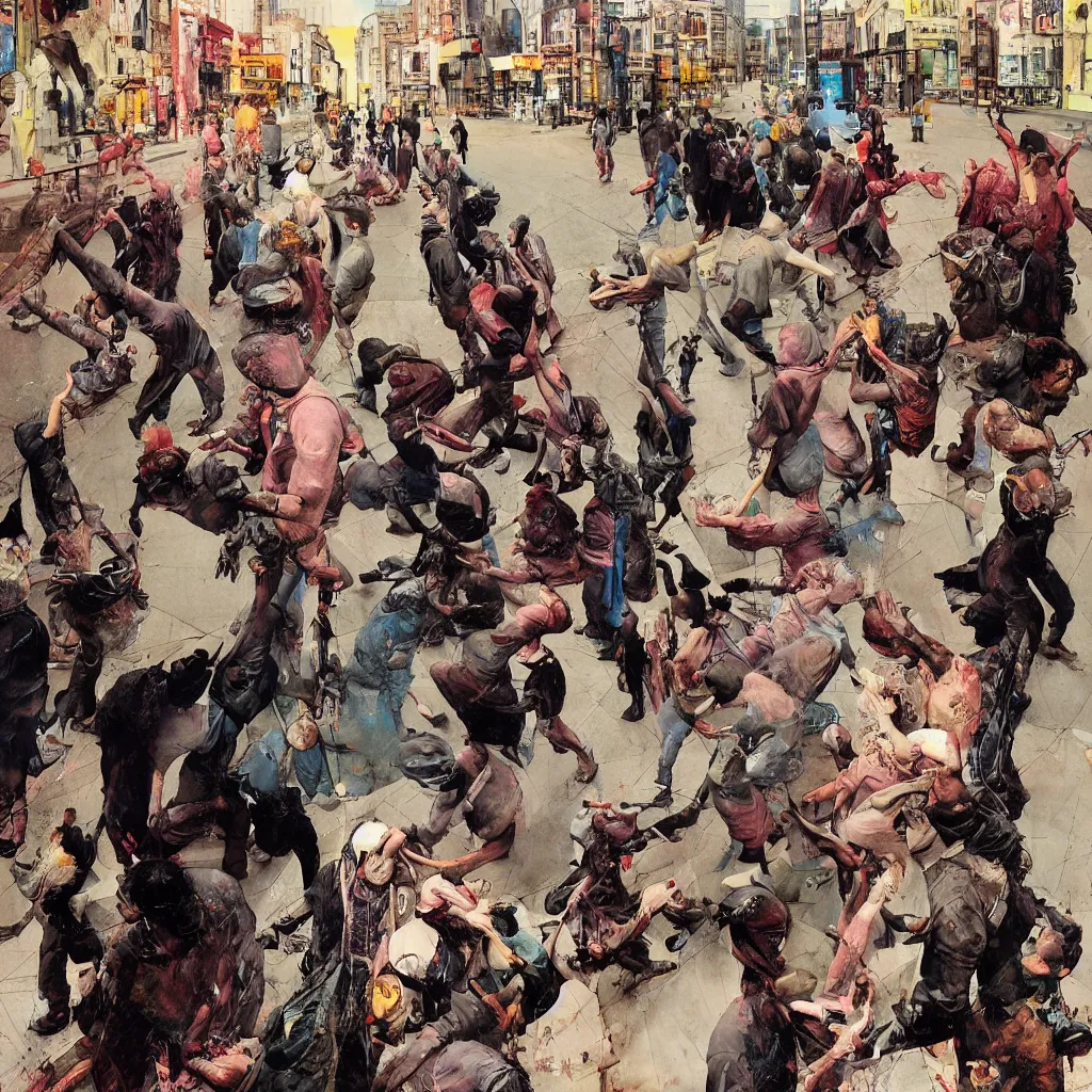 Prompt: realistic detailed image of an john zorn crossing a busy street by Francis Bacon, Surreal, Norman Rockwell and James Jean, Greg Hildebrandt, and Mark Brooks, triadic color scheme, By Greg Rutkowski, in the style of Francis Bacon and Syd Mead and Edward Hopper and Norman Rockwell and Beksinski, open ceiling, highly detailed, painted by Francis Bacon, painted by James Gilleard, surrealism, airbrush, Ilya Kuvshinov, WLOP, Stanley Artgerm, very coherent, art by Takato Yamamoto and James Jean