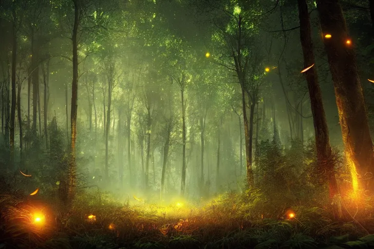 Prompt: fireflies vortex illuminating the forest at night, peaceful scene, 8 k octane render, atmospheric effects, by jonas de ro, artstation, deviantart