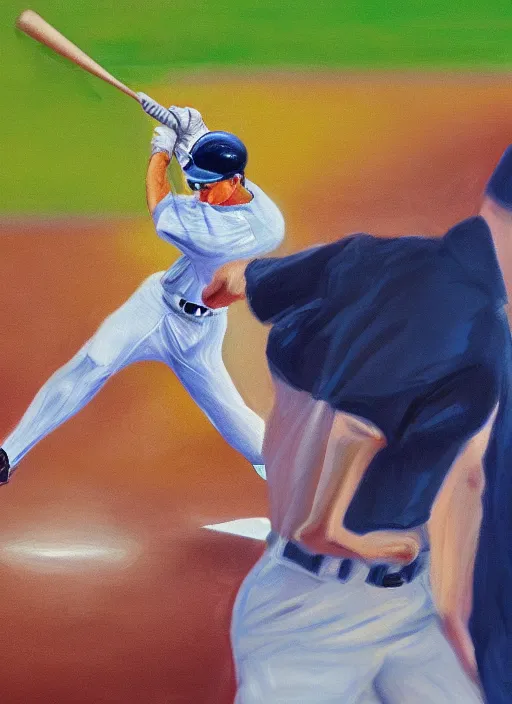 Prompt: a moment when bat hits ball, full body digital portrait of baseball player looking like alexander lukashenko, baseball stadium, photo realism