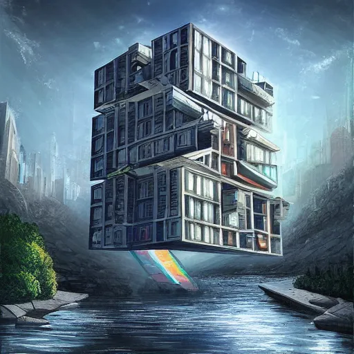 Prompt: cuboid sci-fi building next to a river and houses, sense of hope, daytime, digital art, art station, extremely detailed