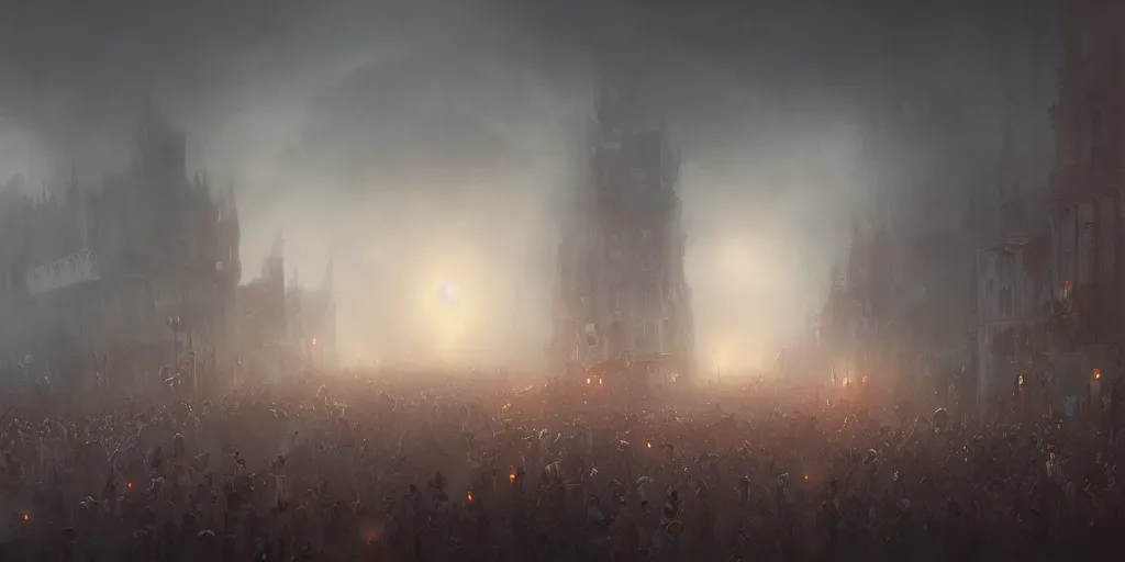 Image similar to a heavy swirling fog during a parade, soft lighting, night, unreal engine, digital art, 8 k, oil painting, fantasy art, illustration, detailed and intricate environment