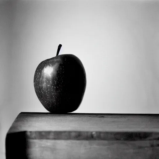 Image similar to A collodion-styled photograph of a surrealist scene of an apple in a room with some strange objects scattered around, shallow depth of field, wide-angle lens