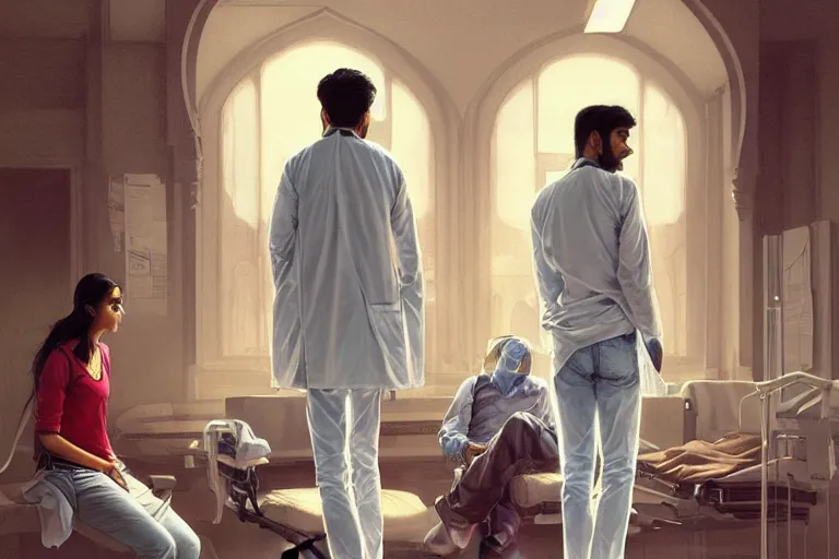 Image similar to Anxious good looking pale young Indian doctors wearing jeans inside a hospital, portrait, elegant, intricate, digital painting, artstation, concept art, smooth, sharp focus, illustration, art by artgerm and greg rutkowski and alphonse mucha