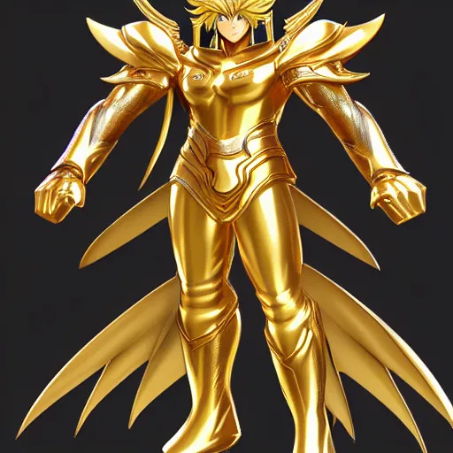 Image similar to full shot of Saint Seiya knight wearing golden Cat armor, detailed, inspired by Masami Kurumada, ArtStation