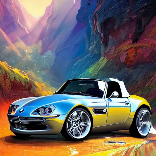 Prompt: bmw z 8 colorful, fantasy, intricate, highly detailed, digital painting, hq, trending on artstation, illustration, style of stanley artgerm and greg rutkowski and dan mumford