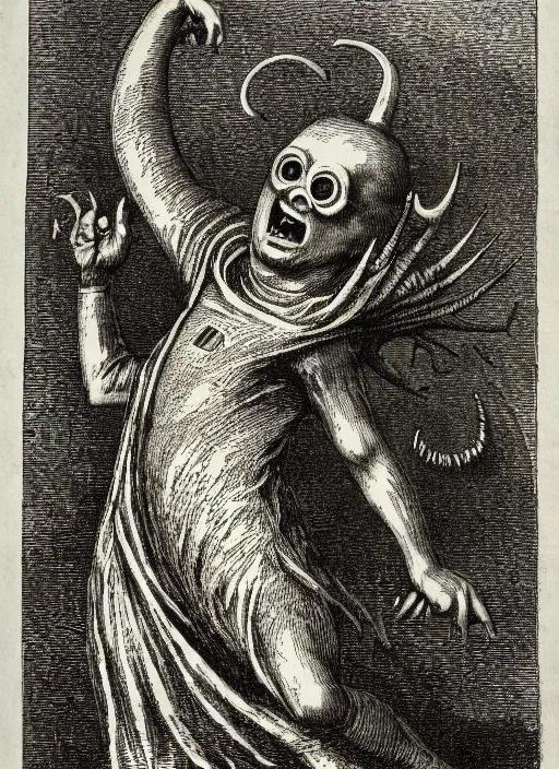 Image similar to a minion as a demon from the dictionarre infernal, etching by louis le breton, 1 8 6 9, 1 2 0 0 dpi scan, ultrasharp detail, clean scan