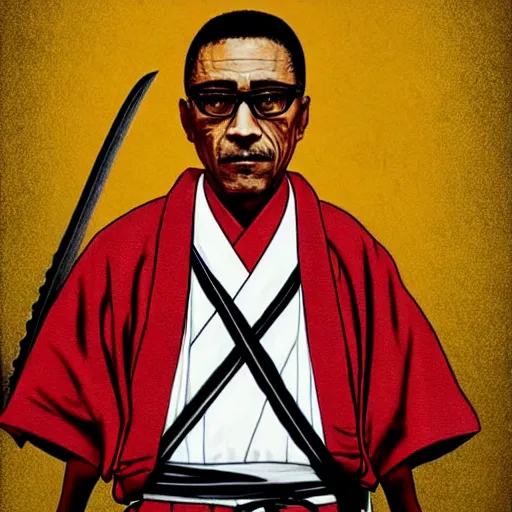 Image similar to gustavo fring from breaking bad wearing samurai armor and holding a katana in feudal japan, 4 k, hyper realistic, ink block painting, edo period