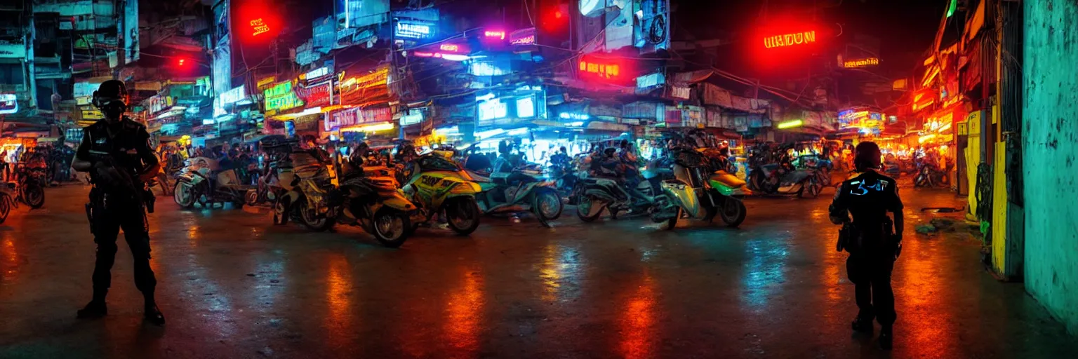 Image similar to Cyberpunk Police, futuristic Phnom-Penh Cambodia, neon dark lighting