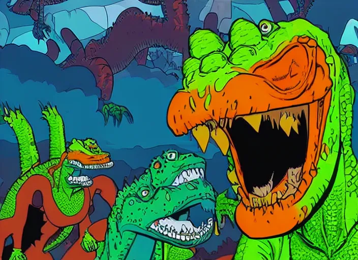 Image similar to Reptar vs. The Aliens, colorful kaiju film, green dinosaur monster with red-orange eyes and blue dorsal fins