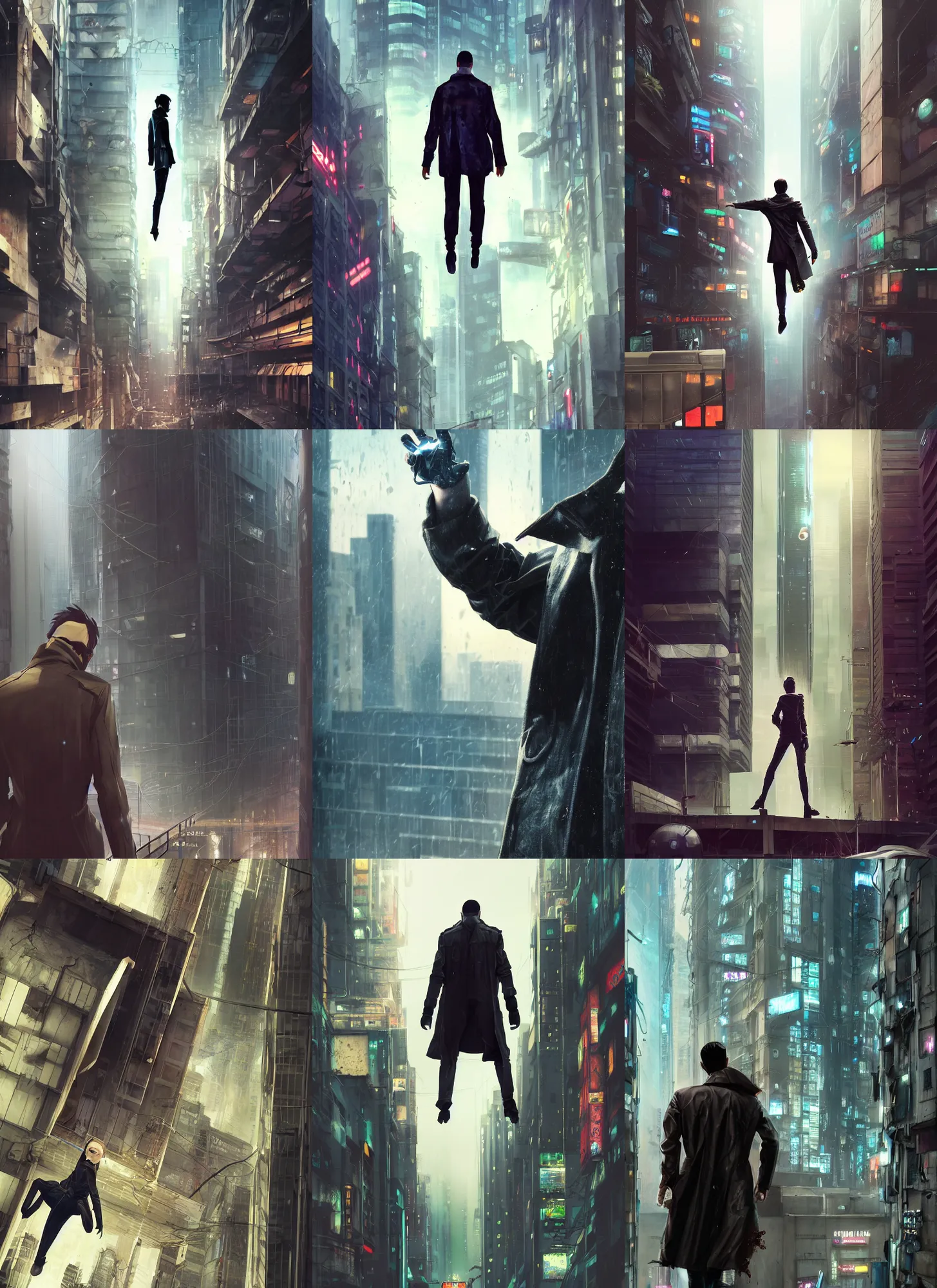 Prompt: animated movie poster of an android falling off a large windowed building in a muddy cyberpunk city, muted colors, anime, futuristic, highly detailed, octane render, movie poster, wearing a leather trench coat, realistic face details, realistically proportioned face, illustration, digital painting, matte painting, good value control, rule of thirds