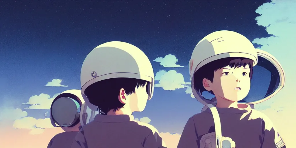 Prompt: 3 d portrait of a boy with astronaut helmets by ilya kuvshinov, cloudy sky background lush landscape ln illustration concept art anime key visual trending pixiv by victo ngai fanbox by greg rutkowski makoto shinkai takashi takeuchi studio ghibli