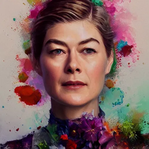 Image similar to rosamund pike as the doctor, dark - hair, wearing a colourful floral pattern suit, colourful, sharp focus, detailed face, artstation, art by jakub rozalski,