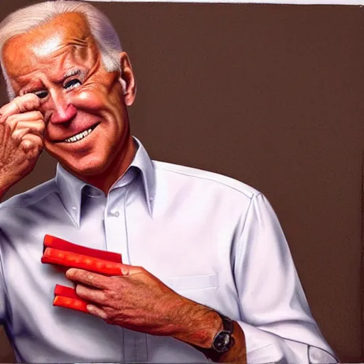 Image similar to joe biden eating a box of crayons, hyperrealism