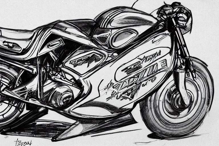 Prompt: 1980s motorcycle sketch concept art, high detail, high definition, 8k