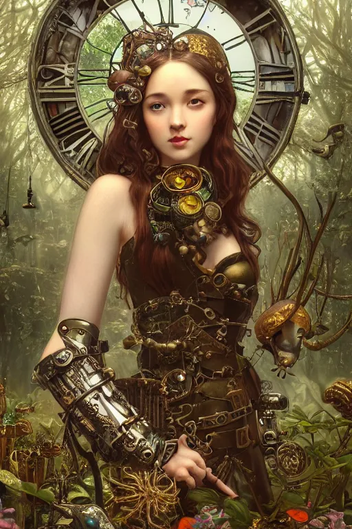 Prompt: beautiful moody portrait of a sexy steampunk schoolgirl wearing an armour of jewels and gold bugs and giant fantasy beetles behind giant mushrooms and vegetation in a forest , huge mechanical clocks, intricate details, realistic shaded , steampunk, highly detailed, artstation, pretty pretty face, illustration by Greg Rutkowski and Ruan Jia and bouguereau, octane render, dynamic light, volumetric light, neon lights, cinematic mood