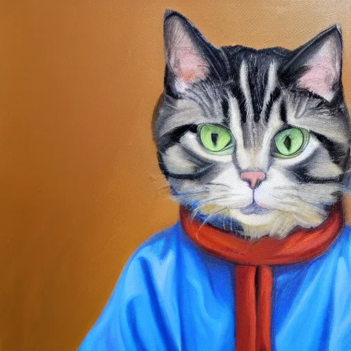 Image similar to oil painting portrait of a cat wizard wearing blue robes