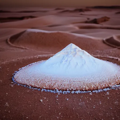 Image similar to mound of salt shaped mount everest, cracked desert background. somber. haunting. 40mm lens, shallow depth of field, split lighting