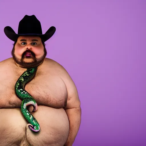 Image similar to hyperreal morbidly obese 2000kilo snake oil salesman wearing authentic purple green sip tech cowboy augmentation and curly snake moustache, fat man standing in front of blank background