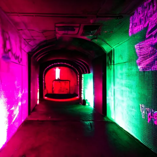 Image similar to entrance to underground rave club, secret, cyberpunk dance music, lights, ambiance