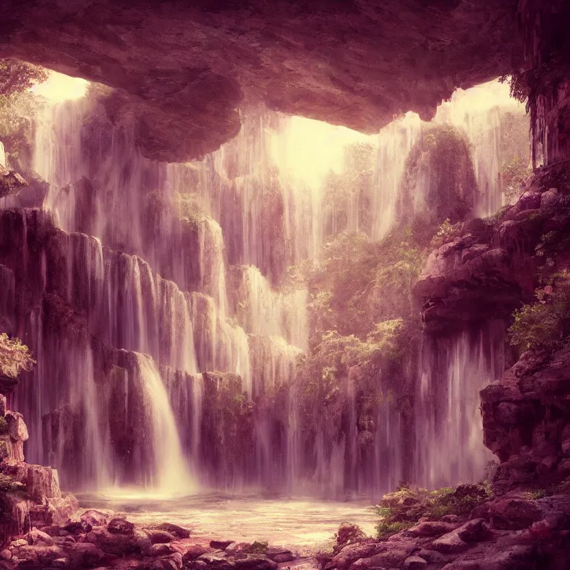 Image similar to a waterfall in the interior of a ancient arabian structure, epic retrowave art, trending on art station