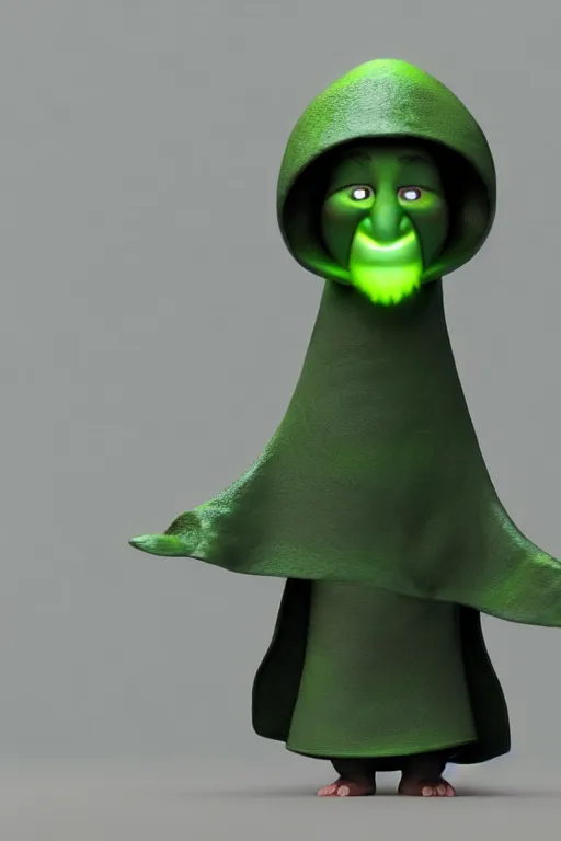 Prompt: A cute shaman from a Pixar movie with no nose, glowing eyes and a very long hooded dark green cloak of leaves by Julien Kaspar, 3D render, stylized, Cycles Render