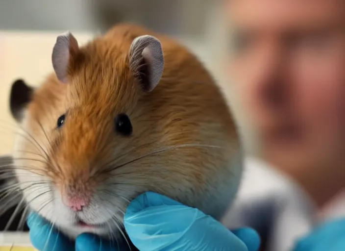 Image similar to film still of a hamster working in a research lab finding the cure for cancer, 8 k