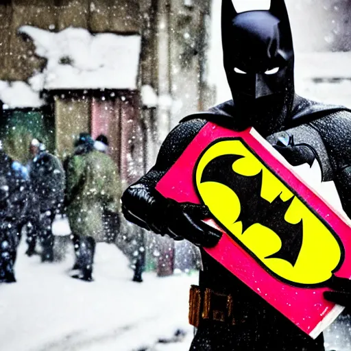 Prompt: batman wearing a sandwich board that is advertising slurm soda, rule of thirds, photograph, ultra detailed, crispy, overcast, snowing, moscow, gritty.