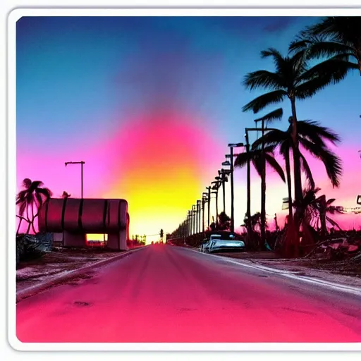 Prompt: car wide shot epic post apocalyptic landscape miami nuke fire craters end of the world miami beach sunset vapor wave palm trees 80s synth retrowave delorean decal