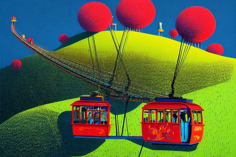 Prompt: surreal glimpse into other universe, langkawi cable car, summer morning, very coherent and colorful high contrast, art by!!!! gediminas pranckevicius!!!!, geof darrow, floralpunk screen printing woodblock, dark shadows, hard lighting, stipple brush technique,