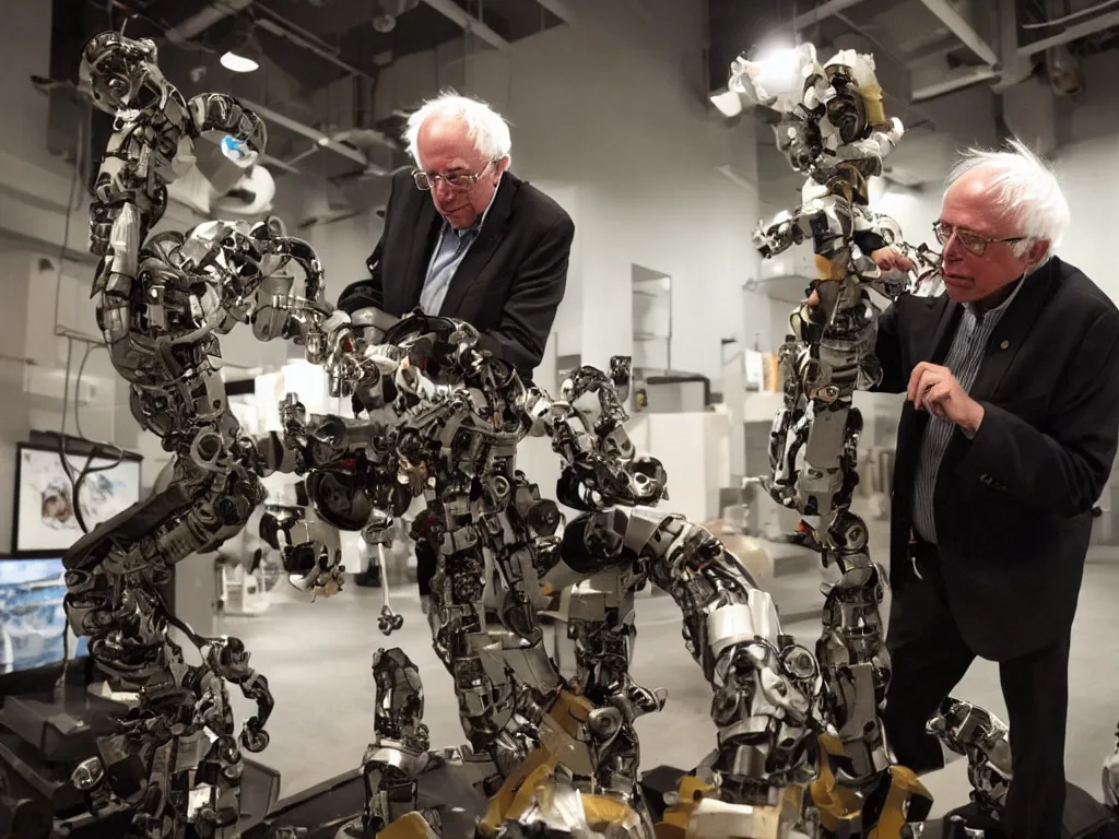 Image similar to bernie sanders putting the finishing touches on a ( ( cute ) ) clockwork doomsday robot, cinematic moody lighting, sharp focus, imax