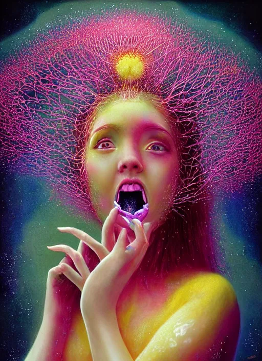Image similar to hyper detailed emotional 3d render like a Oil painting - Aurora (Singer) looking adorable and seen joyfully Eating of the Strangling network of muted yellowcake aerochrome cracks and milky Fruit and Her delicate Hands hold of gossamer polyp blossoms bring iridescent fungal flowers whose spores black the foolish stars to her adorable smirking mouth by Jacek Yerka, Mariusz Lewandowski, Houdini algorithmic generative render, Abstract brush strokes, Masterpiece, Edward Hopper and James Gilleard, Zdzislaw Beksinski, Mark Ryden, Wolfgang Lettl, hints of Yayoi Kasuma, octane render, 8k