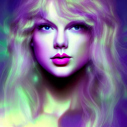 Prompt: closeup portrait of an ethereal Taylor swift made of purple light, divine, cyberspace, mysterious, dark high-contrast concept art