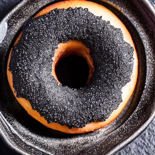 Prompt: a 30 mm photo of a doughnut that looks like Darth Vader