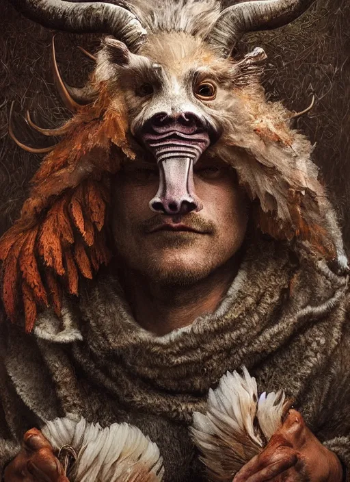 Image similar to a hyper detailed painting of a anthropomorphic joaquin phoenix as the king of animals, cow horns, pig nose, sheep wool, chicken feathers, horror, by anna podedworna, by miklos ligeti, by diego maricato, by taran fiddler, by antonino truisi, by chris reddie, on artstation