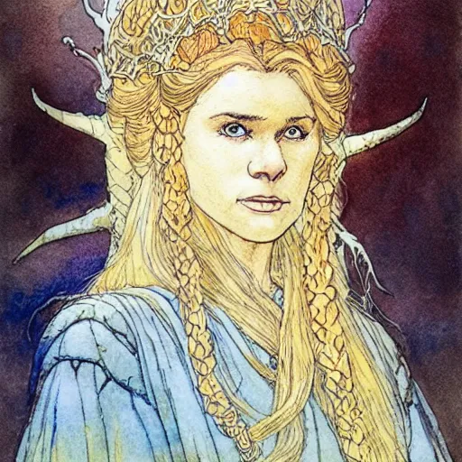 Prompt: a beautiful and very detailed character concept watercolour portrait of sanna marin, the young female prime minister of finland as a druidic wizard by alan lee, rebecca guay, michael kaluta, charles vess and jean moebius giraud