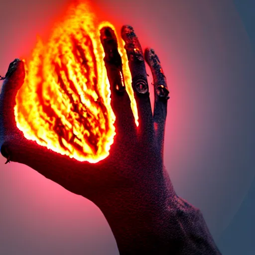 Prompt: photograph of a rotten damaged hand holding up a burning human skull with scorch marks on it, photorealistic, hyperdetailed, volumetric light, cinematic, f 8 aperture, orange rim lighting