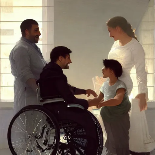 Image similar to a male patient in a wheelchair in the hospital with his wife and son standing by. happy, cheerful, smiling, intricate, face enhance, cinematic lighting, featured in artistation, 8 k, art by greg rutkowski, william adolphe bouguereau