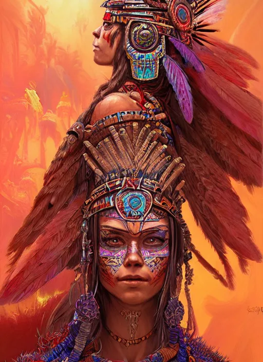 Prompt: beautiful aztec warrior priestess girl, highly detailed portrait concept art, josan gonzalez, greg rutkowski, jeff easley, hannah yata, psychedelic, threyda, majestic masterpiece, vibrant backlit, movie poster character, intricate, hyper detailed, smooth, trending on pixiv