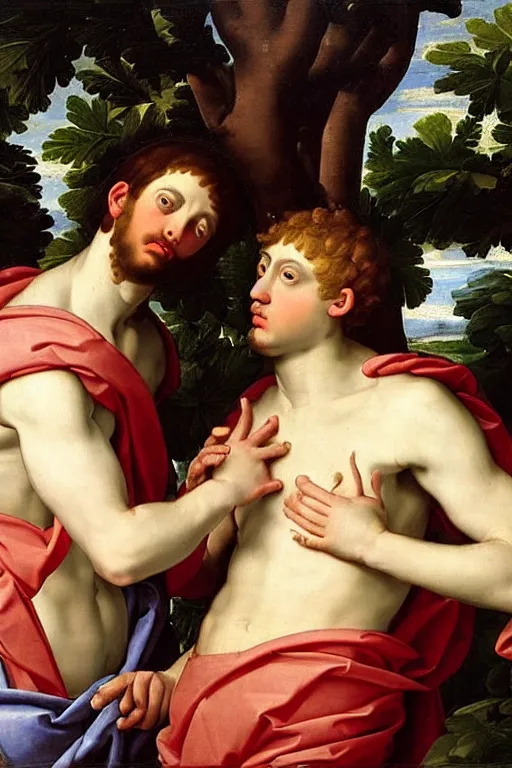 Prompt: renaissance painting of two male lovers in the garden, closeup, interest face, emotions closeup, dressed in roman Armour, white robes, the beautiful garden with thorn branches everywhere, ultra detailed, art by Guido Reni style, Vincenzo Catena style