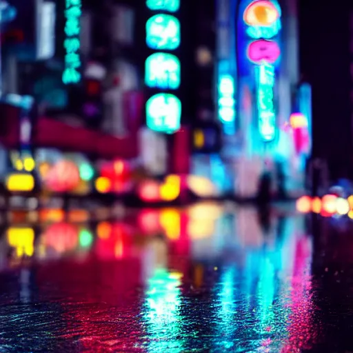 Prompt: a moody 2 0 0 mm shot of an umbrella in a rainy tokyo night, neon lights, photography