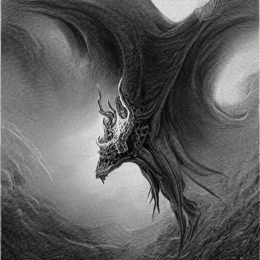 Image similar to full body grayscale drawing by Gustave Dore and Anato Finnstark of horned muscled humanoid beast, 3/4 view from below, engulfed in swirling flames