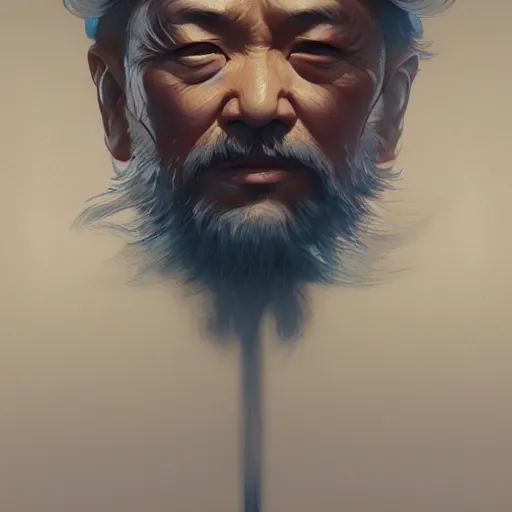 Image similar to mr miyagi is god, portrait, intricate, detailed, volumetric lighting, scenery, digital painting, highly detailed, artstation, sharp focus, illustration, artstation, art by artgerm and greg rutkowski and alphonse mucha