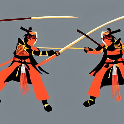 Image similar to Two samurais with flaming swords fighting, 8k, concept art, elegant