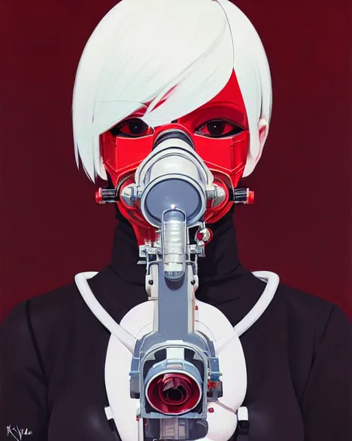 Image similar to white haired cyborg girl wearing a gas mask and red dress | | audrey plaza, fine detail!! anime!! realistic shaded lighting!! poster by ilya kuvshinov katsuhiro otomo ghost - in - the - shell, magali villeneuve, artgerm, jeremy lipkin and michael garmash and rob rey