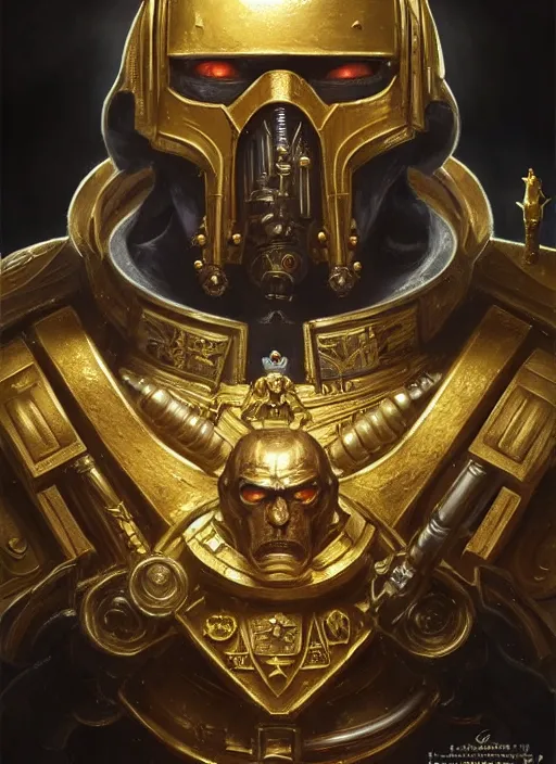 Image similar to putin as warhammer 4 0 k emperor, gold, portrait, intricate, elegant, highly detailed, digital painting, artstation, concept art, wallpaper, smooth, sharp focus, illustration, art by h. r. giger and artgerm and greg rutkowski and alphonse mucha