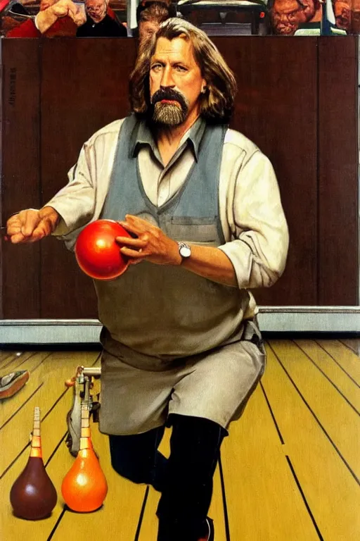 Prompt: The Dude from the movie The big Lebowski playing bowling painted by Norman Rockwell