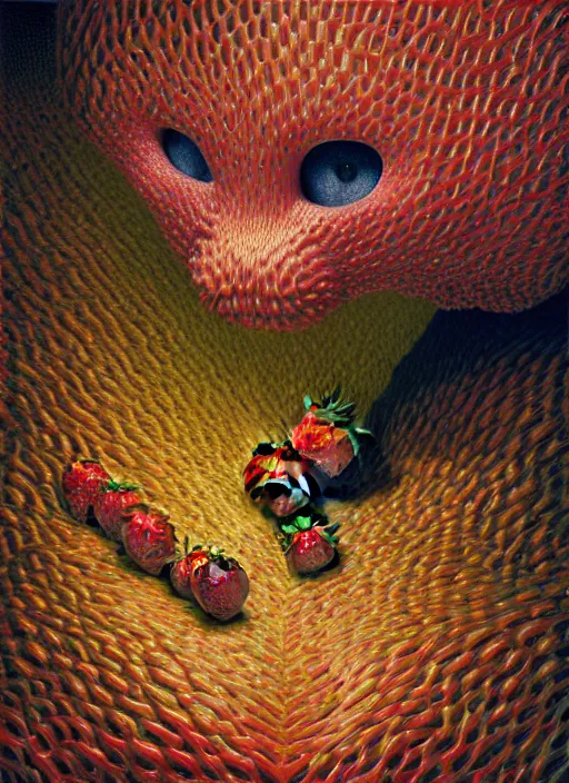 Prompt: hyper detailed 3d render like an Oil painting - Strawberry Cat chimera by Jacek Yerka, Mariusz Lewandowski, Houdini algorithmic generative render, Abstract brush strokes, Masterpiece, Edward Hopper and James Gilleard, Zdzislaw Beksinski, Mark Ryden, Wolfgang Lettl, hints of Yayoi Kasuma, octane render, 8k