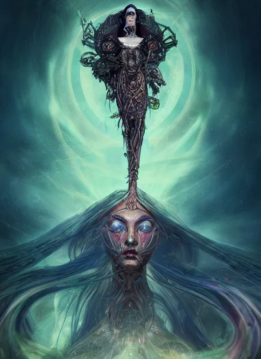 Image similar to epic portrait of menacing and agitated yet stunningly beautiful biomechanical djinn divine priest of creation overseeing the iridescent fabric of the universe, by charlie bowater, mandy jurgens, gustav klimt, octane render, dramatic camera angle, 4k, 8k, high detail, HDR, by tom bagshaw, powerful, with inspiration from Beksinski, inspired by greek goddess Athena