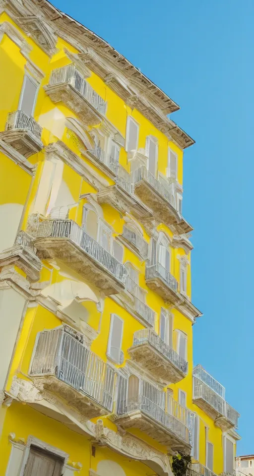 Prompt: pastel yellow italian architecture in front of a light blue clear sky, beautiful, minimalistic, aesthetic, realistic