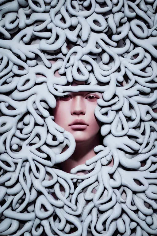 Image similar to full head and shoulders, beautiful porcelain female person, mixed with three giant eyes in macro detail, smooth, delicate facial features, white detailed eyes, white lashes, 3 d white shiny thick, wearing colourful streetwear, background is a wall of leaves, by daniel arsham and james jean, featured in pictoplasma